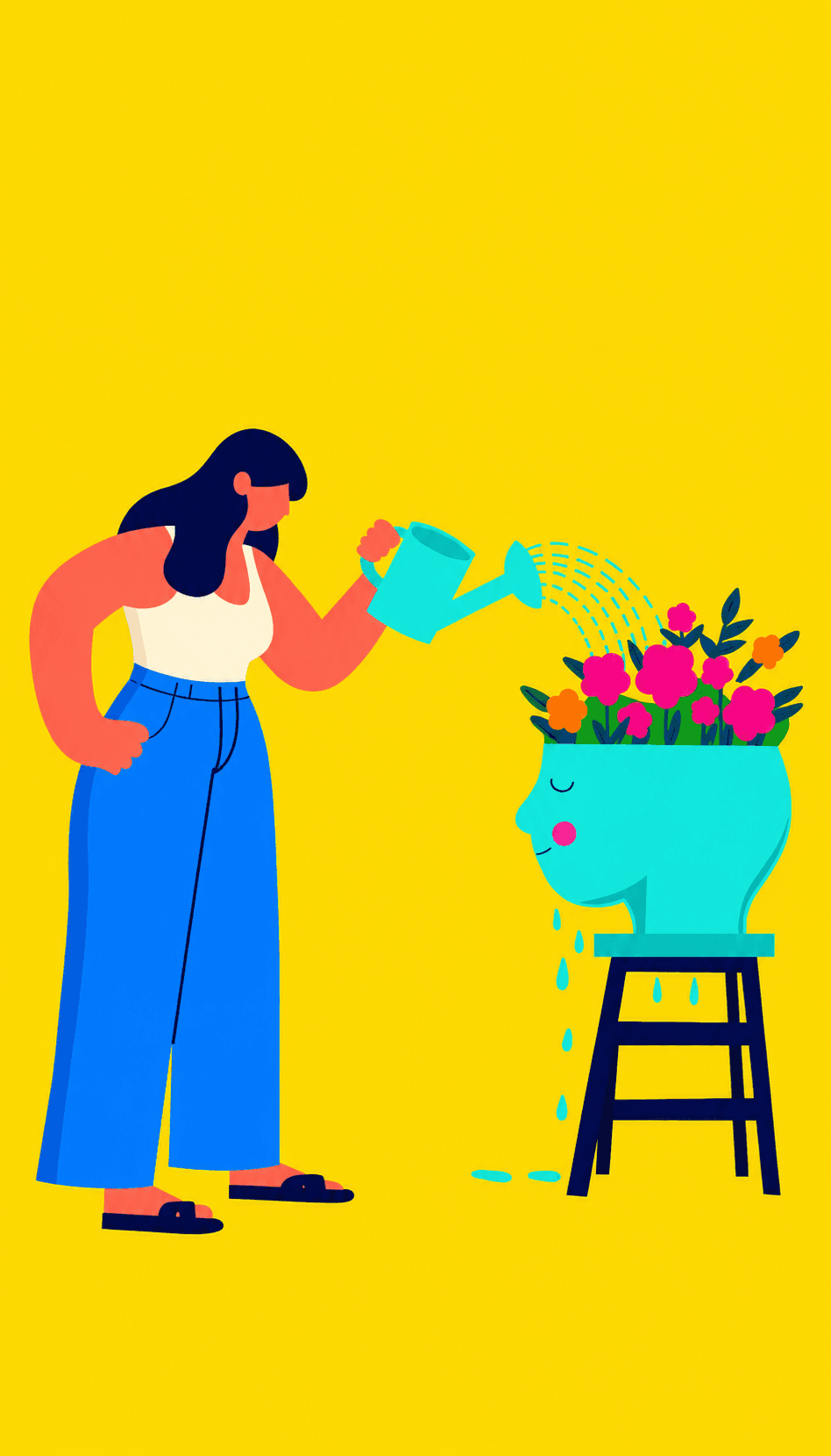 Woman watering flowers in a head-shaped planter